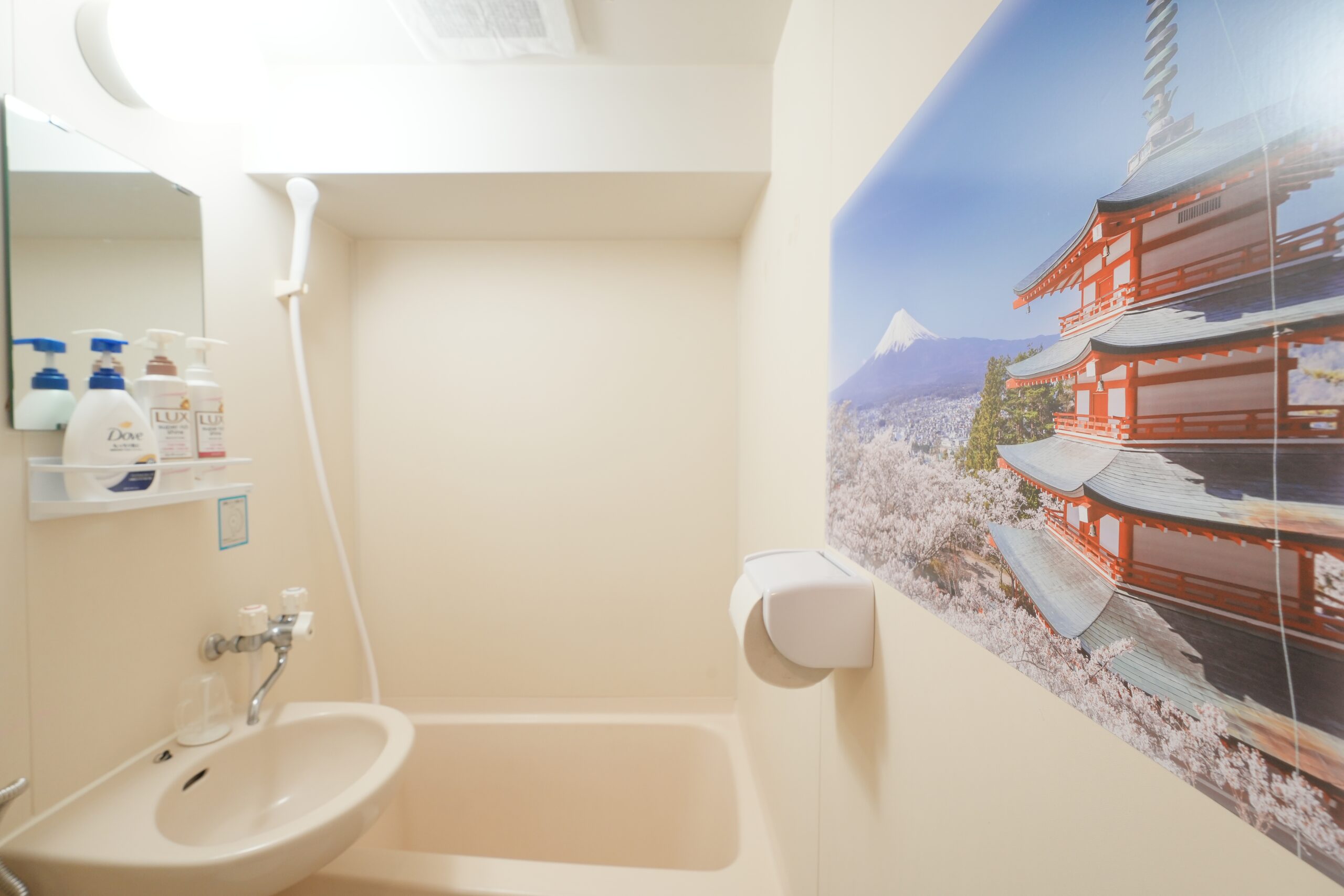 Bathroom with Mt Fuji art wall