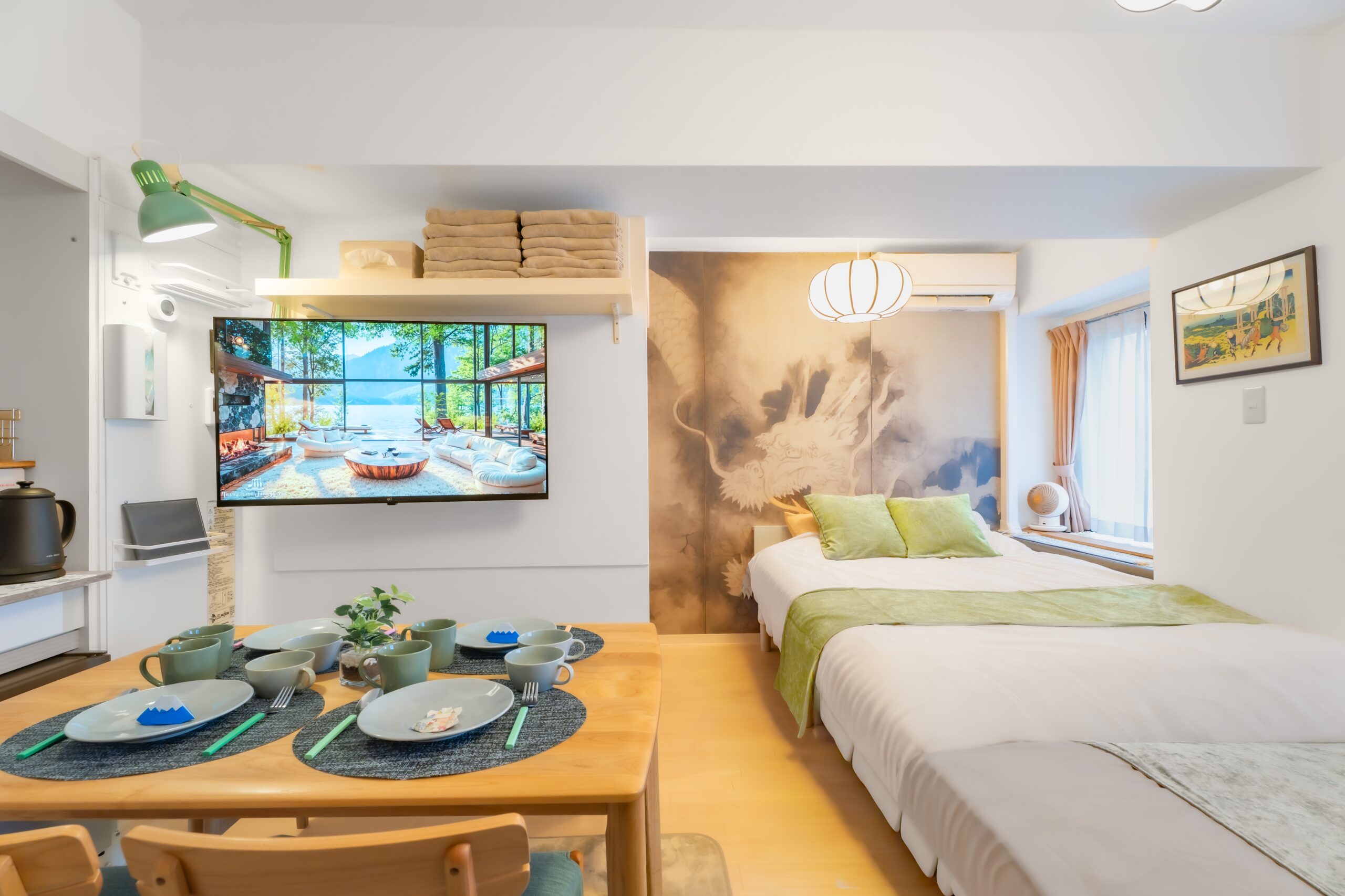 Dragon ink mural and bedroom
