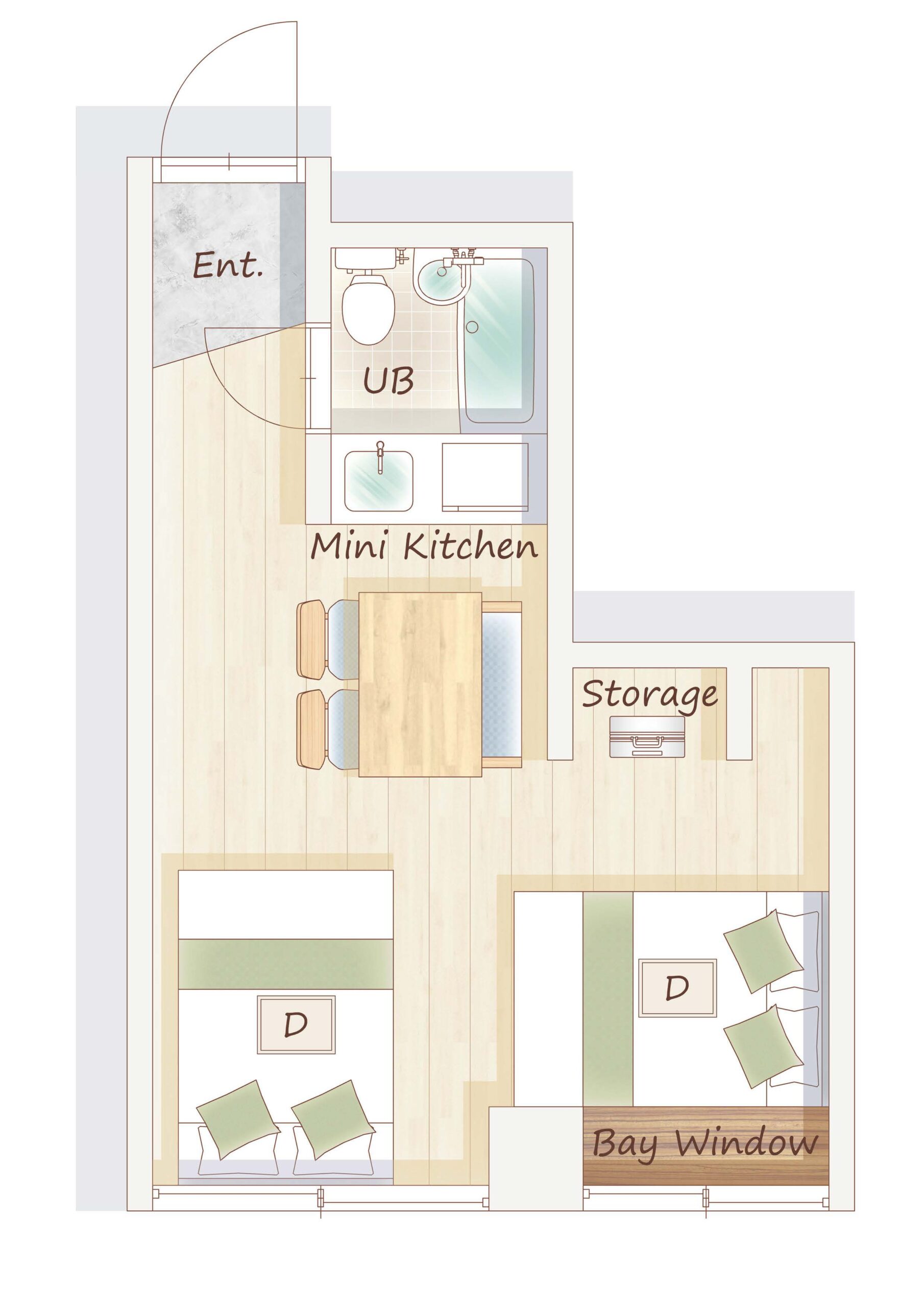 Sugamo Yasu Hotel floor plan — entrance, UB bathroom, mini kitchen, dining area, two bedroom zones with bay window